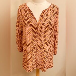 Stylus Orange Tan White Chevron Print Split Neck 3/4 Sleeves Casual Top Size L
